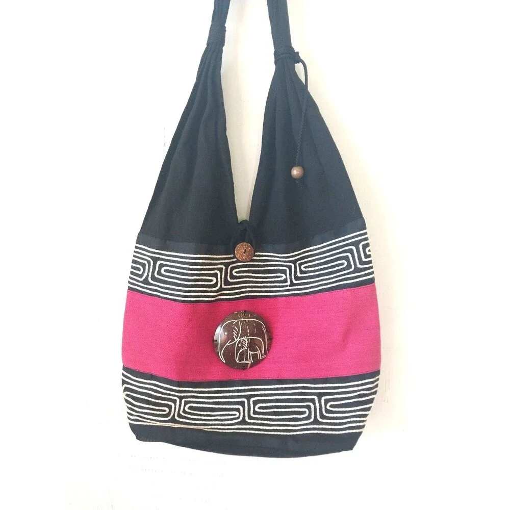 Boho India Hobo Sak Bag Cotton Retro Women's Bead Accent Black/Pink/White